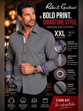 Robert Graham Men’s Gray Button-Down Shirt with Floral Trim